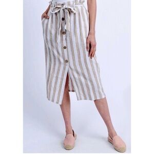 Love Tree Linen Blend Paperboy Waist Striped Skirt White Olive Green/Tan Sz S